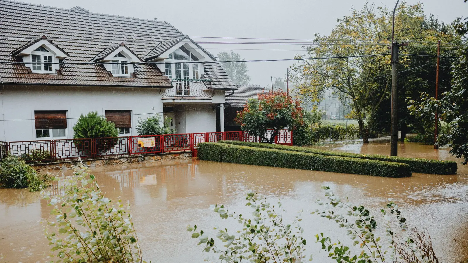 Muddy floodwater covering a yard and garden in front of a white house